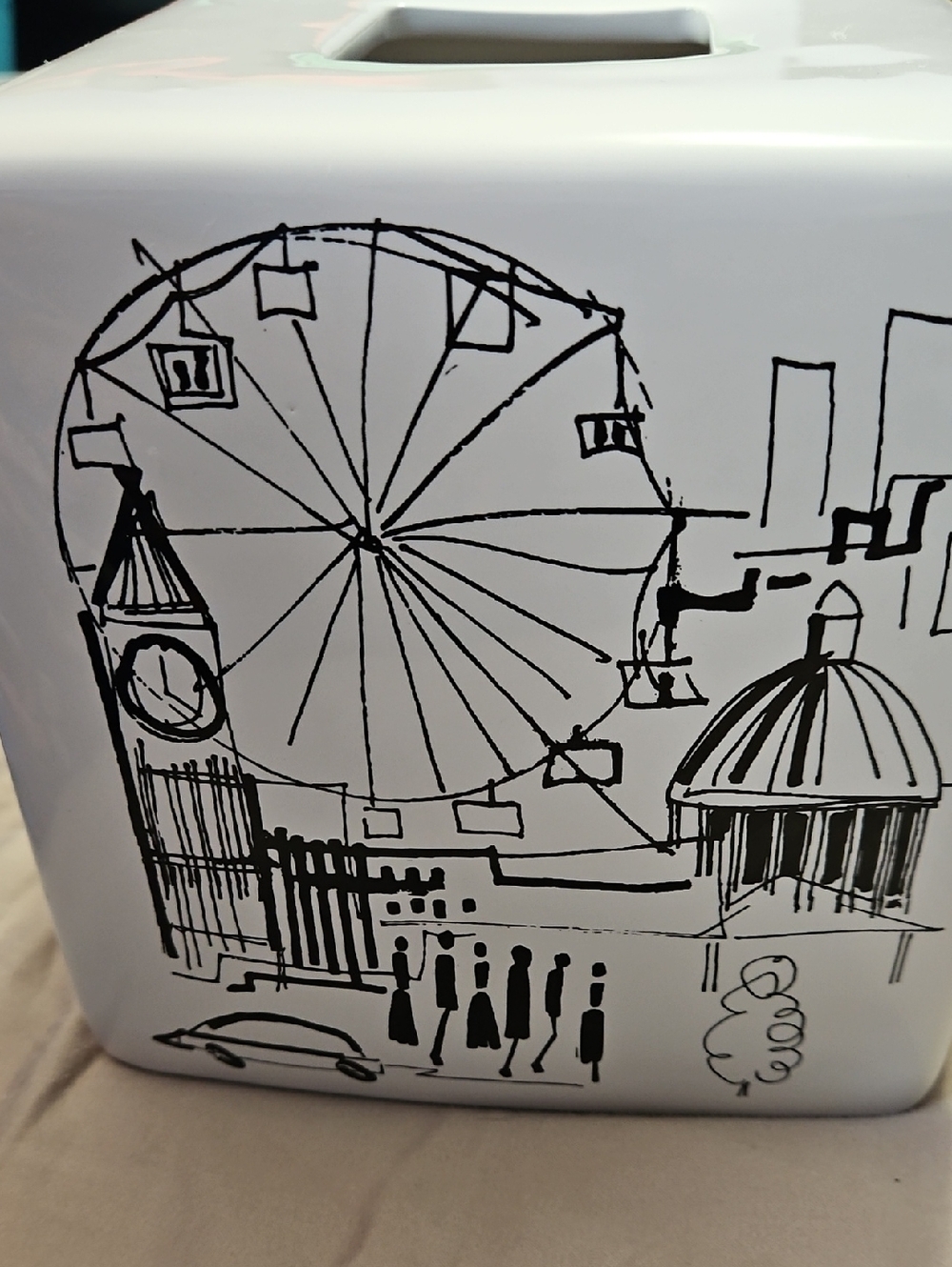 Vintage New ECHO Black Paris London Sketch Ceramic  Tissue Box Cover